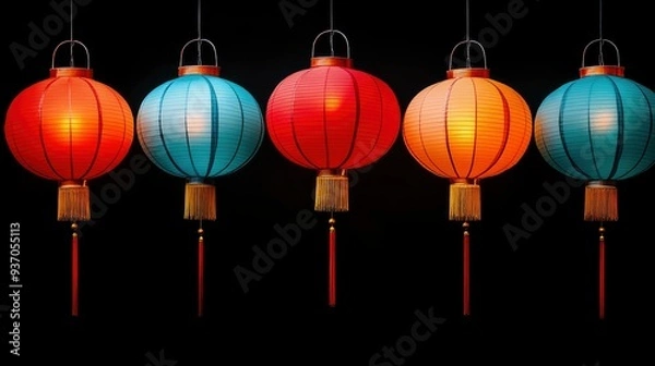 Fototapeta Row of Colorful Lanterns Hanging in the Dark