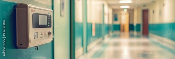 Fototapeta A defibrillator sits ready in a hospital hallway. moments of life and death hinge on this single device