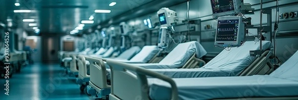 Fototapeta A row of hospital beds with monitoring equipment attached.stories of survival and struggle unfold here daily