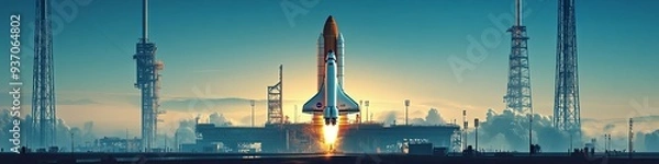 Fototapeta A space shuttle stands tall on the launch pad. dreams and dangers are embodied in this towering structure