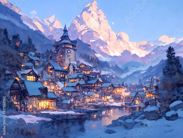 Fototapeta 云雾缭绕的雪山景象，山脉与天空交织的神秘氛围