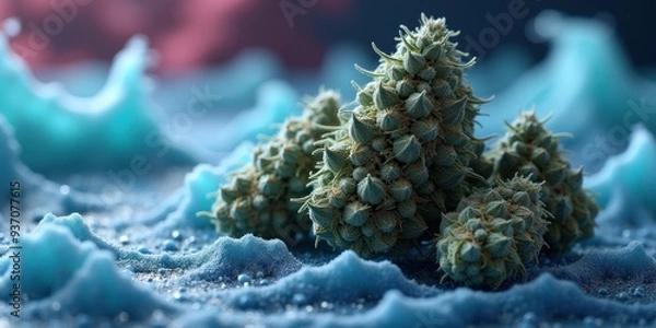 Fototapeta Close-up of cannabis buds against a textured, colorful backdrop, highlighting the intricate details of the plant for use in marketing, wellness, and cannabis-related content.