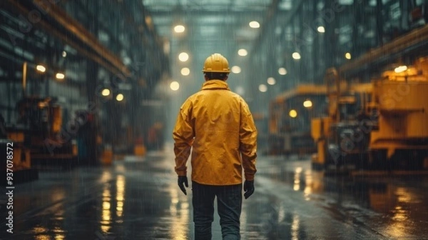 Fototapeta Worker Walking Through Factory in Rain