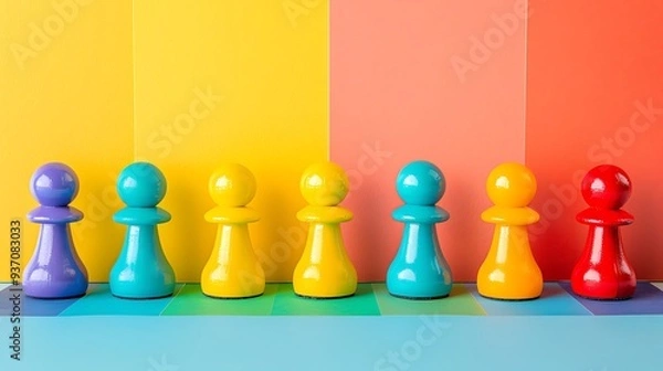 Fototapeta Multi colored pawns on table isolated on colorful background