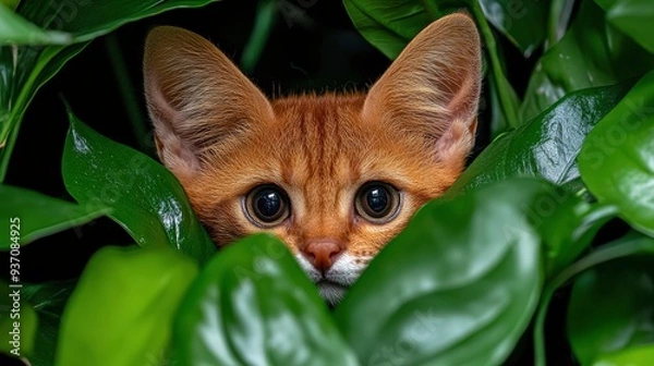 Fototapeta Playful Kitten Hiding in Green Foliage