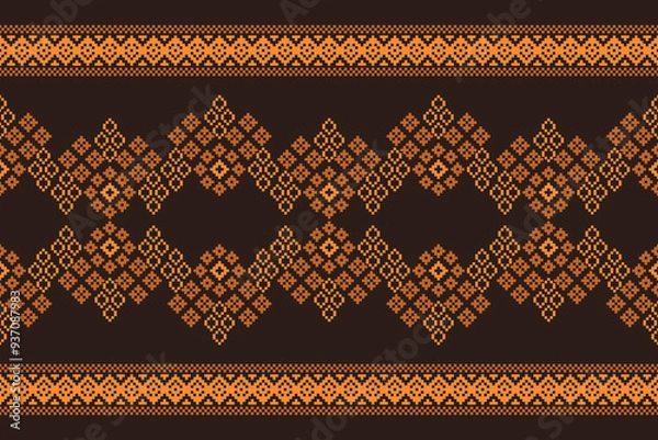 Fototapeta Traditional ethnic motifs ikat geometric fabric pattern cross stitch.Ikat embroidery Ethnic oriental Pixel brown background.Abstract,vector,illustration. Texture,decoration,wallpaper.