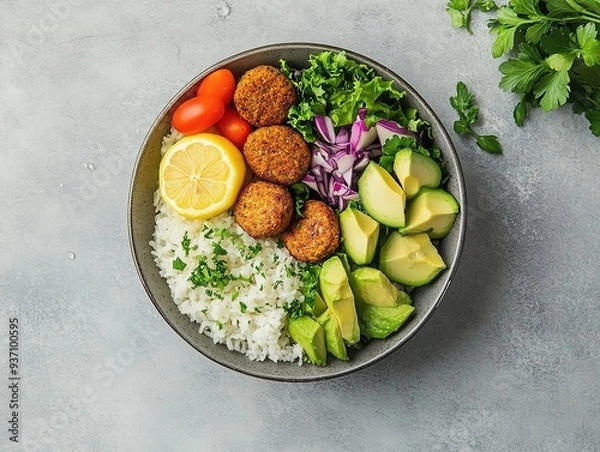 Fototapeta Delicious Vegan Bowl with Falafel, Avocado, Rice, and Fresh Vegetables on a Grey Minimalist Background. Top View Flat Lay for Healthy Eating Lifestyle.
