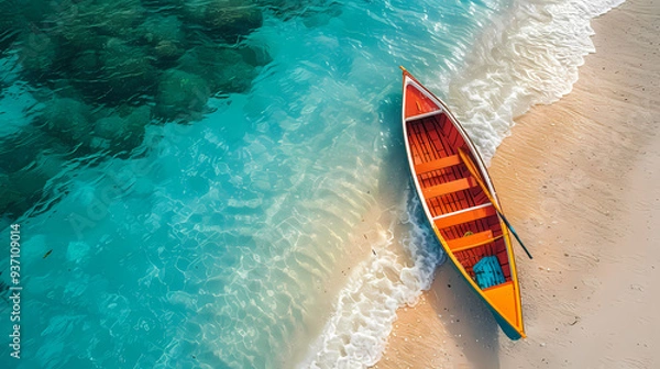 Fototapeta A colorful canoe on the beach, bird's eye view,high definition photography, clean white sand, clear turquoise sea water, waves lapping at shore edge,a sense of calmness in the scene
