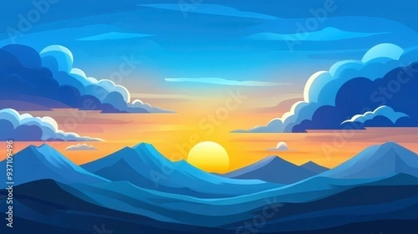 Fototapeta A cheerful sunrise peeks over a whimsical landscape, painting the sky in vibrant hues against fluffy clouds.