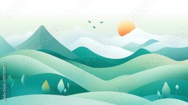 Fototapeta Experience a vibrant flat design showcasing textured hills and mountains in a stunning array of green hues.