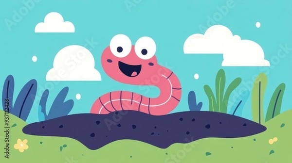 Fototapeta Charming illustration of an earthworm with fun textures and bold shapes, perfect for kids and educational materials.