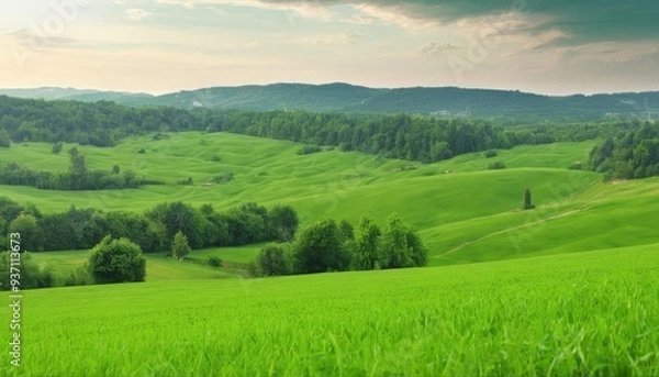Obraz  Vibrant green fields under a clear sky