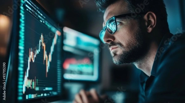 Obraz Technical analysis to analyze stock market or cryptocurrency data movement, trend analysis, buy and sell indicator chart concept, businessman trader analyze candlestick chart. 