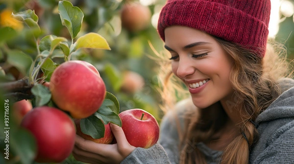 Fototapeta Joyful Woman Picking Fresh Red Apples in Autumn Orchard Garden, print for Apple Day
