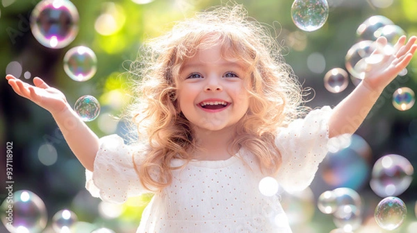 Fototapeta Joyful Girl Playing with Bubbles in Nature on a Sunny Day, print for National Bubble Week