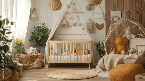 Fototapeta Bohemian nursery interior with a wooden crib, a wicker dome, and a plush brown teddy bear.