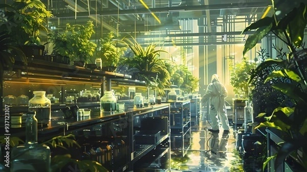 Fototapeta A scientist tending to plants in a futuristic greenhouse.