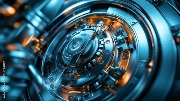 Fototapeta Close-up of a metallic vault door with intricate gears and mechanisms, representing security and protection in a high-tech, modern environment.