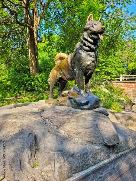 Fototapeta Balto statue in Central Park, New York City under sunny trees and blue sky