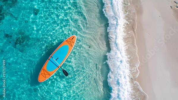 Fototapeta An orange and blue paddleboard on the beach, a bird's eye view, high definition photography, clean white sand, clear turquoise sea water, waves lapping at shore edge, and a sense of calmness.