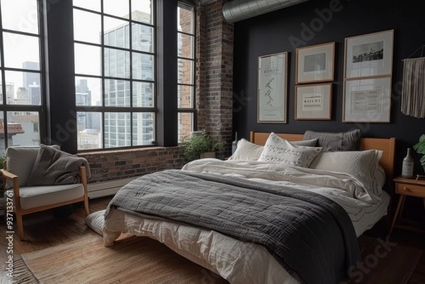 Fototapeta Minimalist Bedroom with Brown Leather Bed, Gray Walls, Black Accent Furniture, and White Framed Line Drawing of a Woman on the Wall.