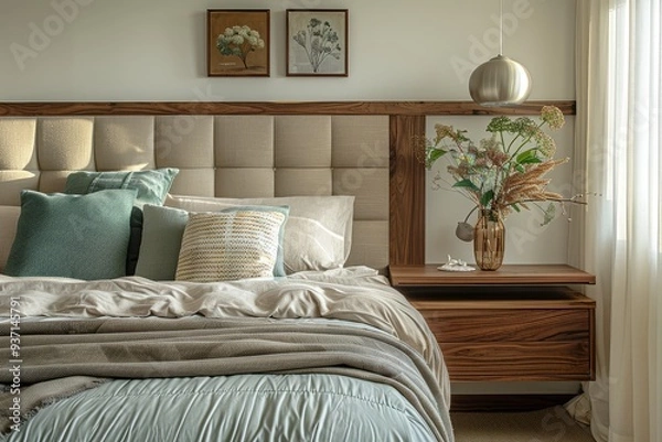 Fototapeta Modern Bed with Walnut Wood Frame, Grey Fabric Headboard, Floating Nightstand, Green Accent Color, and White Wall in Natural Light Interior Design.
