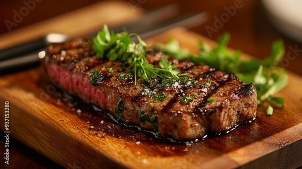 Obraz A detailed view of a steak with a perfectly seared crust, served on a wooden board with a garnish of fresh herbs and a side of steak knives.