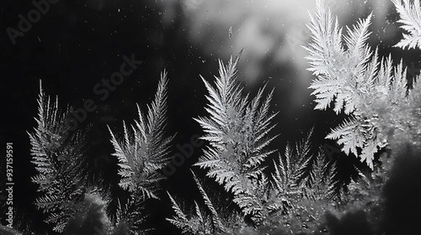 Obraz Abstract winter frost design on a window, capturing delicate frost patterns with a blurred background.