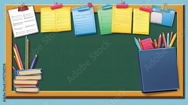 Fototapeta Bulletin board with classroom rules and reminders, colorful and bright