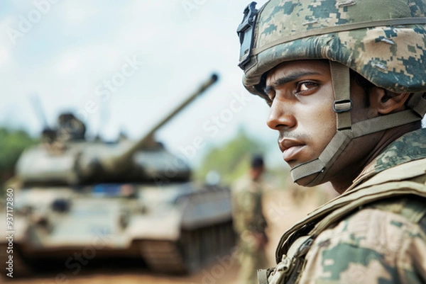 Fototapeta Indian soldier military army in camouflage uniform at conflict war