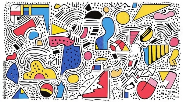 Fototapeta Abstract Geometric Pattern with Lines  Dots  and Shapes in Red  Yellow  Blue  and Black