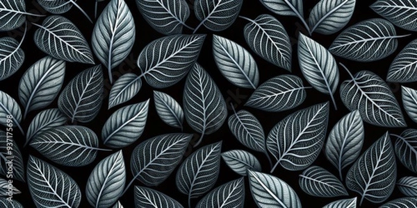 Fototapeta Abstract Leaf Pattern, Digital Art, Silver Leaf, Nature, Dark Background , leaf pattern, silver leaf