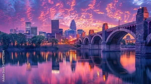 Obraz Stone Bridge and City Skyline Reflecting in Water at Sunset