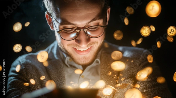 Fototapeta A man in a suit with smartphone and floating digital money coins illuminated by light beams, symbolizing cryptocurrency wealth and digital finance.