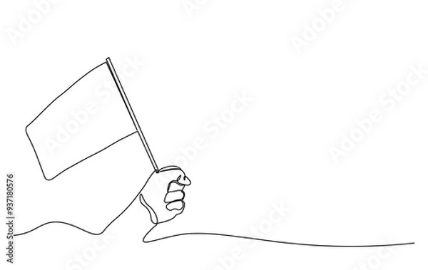 Fototapeta One continuous line drawing hand holding white flag. Hand holds flag in single line illustration.
