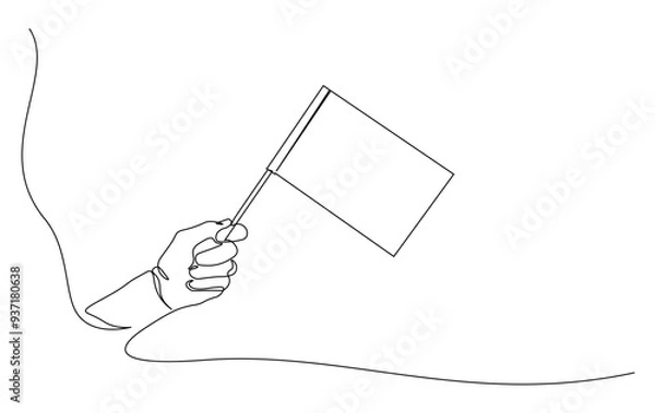 Obraz One continuous line drawing hand holding white flag. Hand holds flag in single line illustration.