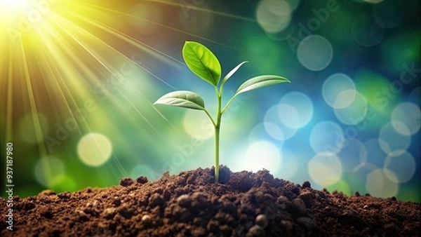 Fototapeta A delicate, illustrated seedling sprouts from the earth, its green stem and leaves reaching upward, symbolizing growth, renewal, and new beginnings in a whimsical vector graphic.