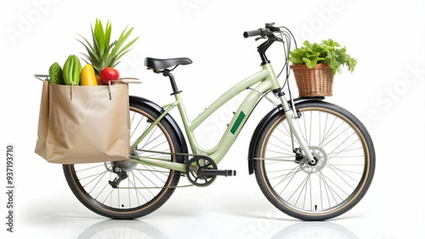 Fototapeta 3D Icon as Electric bike and reusable shopping bag concept as An electric bike paired with a reusable shopping bag representing eco friendly transport and sustainable shopping habits perfect for isola