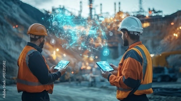 Fototapeta Mining the Future: Engineers utilize digital tablets with augmented reality at a modern quarry, showcasing technology's impact on industry and resource management. 