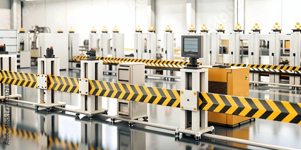 Fototapeta 3D Icon as Safety barrier and assembly line concept as A safety barrier paired with an assembly line symbolizing the importance of physical barriers in maintaining safety in manufacturing processes id