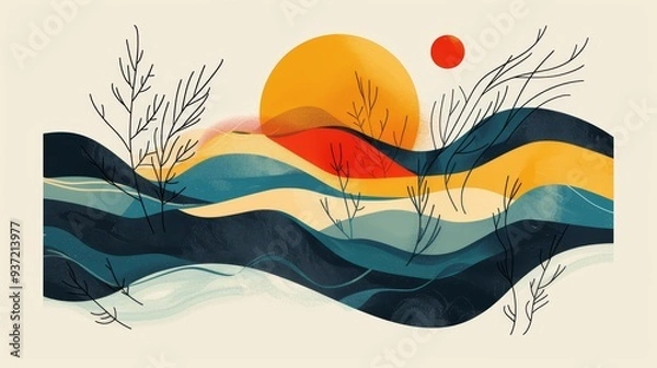 Fototapeta Abstract Landscape with Sunset  Wavy Lines  and Branches