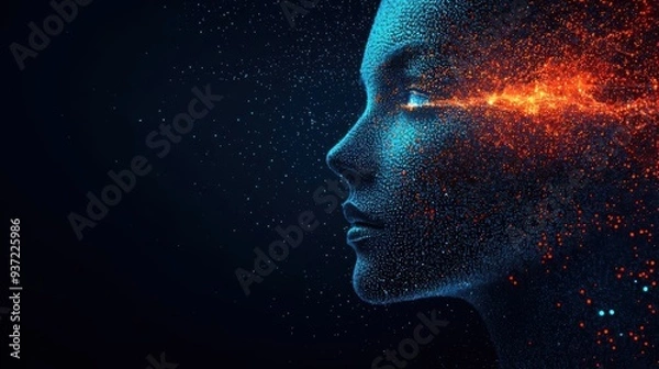 Fototapeta Abstract portrait of a woman, featuring colorful particles and glowing elements, symbolizing creativity and innovation