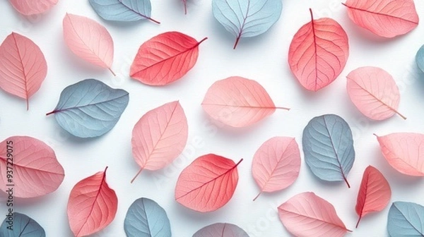 Fototapeta Delicate Spring Foliage in Mint Blue and Coral Pink on White Background - Minimalistic High Resolution Botanical Concept