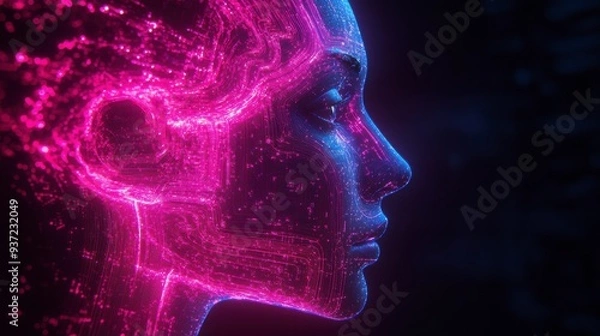 Fototapeta Neon-lit digital human head with circuitry, symbolizing AI and technology integration, dark background.