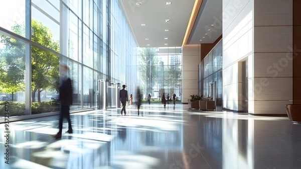Fototapeta Blurred office building lobby with people walking in a modern corporate environment  Intentionally blurred background with clean minimalist design and architecture