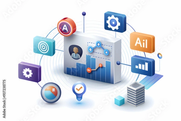 Fototapeta Photo Realistic as AI optimization and marketing metrics concept as An AI optimization icon paired with a marketing metrics icon symbolizing the role of AI in optimizing marketing performance perfect 