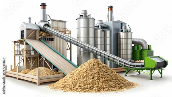 Fototapeta Photo Realistic as Biomass energy and factory conveyor concept as Biomass energy paired with a factory conveyor representing renewable energy sources in manufacturing processes ideal for isolated vect