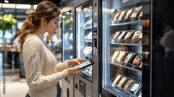 Fototapeta 49 Person using digital wallet at a vending machine, representing the cashless convenience of modern finance, Wallet vending machine, Cashless digital finance