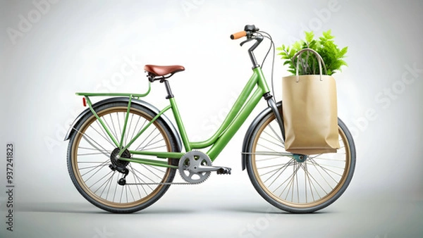 Fototapeta Photo Realistic as Electric bike and reusable shopping bag concept as An electric bike paired with a reusable shopping bag representing eco friendly transport and sustainable shopping habits perfect f