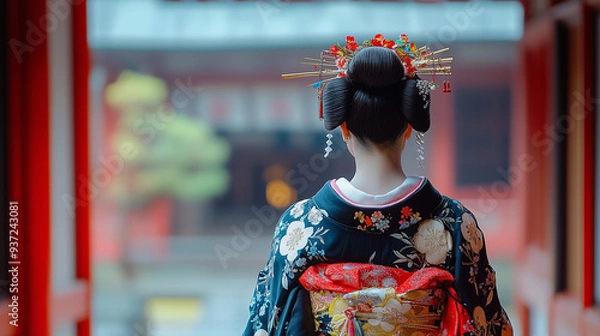 Obraz 日本｜美しい風景｜京都｜舞子の後ろ姿｜着物姿｜kyoto | maiko | AI generate